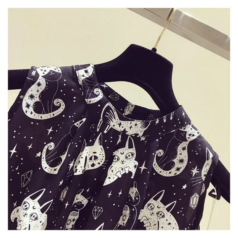 Cat Cartoon Print Chiffon Vintage O-Neck Short Sleeve Loose Women's Blouse Shirt Korean Fashion Female Clothing Tops 2024 Summer