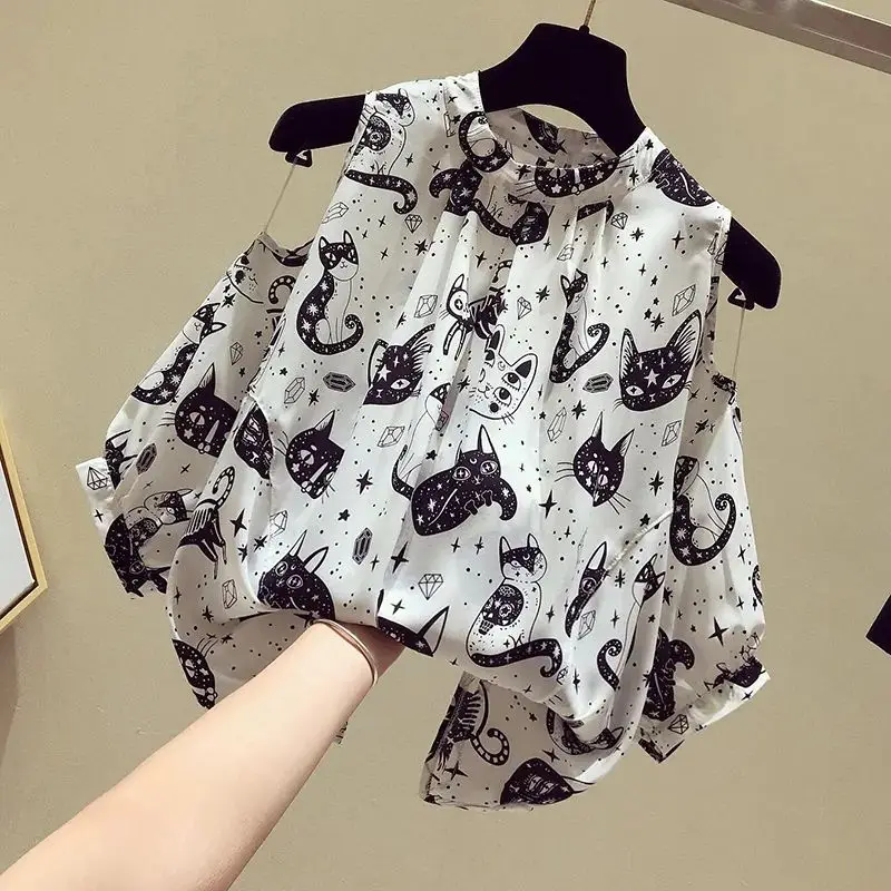 Cat Cartoon Print Chiffon Vintage O-Neck Short Sleeve Loose Women's Blouse Shirt Korean Fashion Female Clothing Tops 2024 Summer