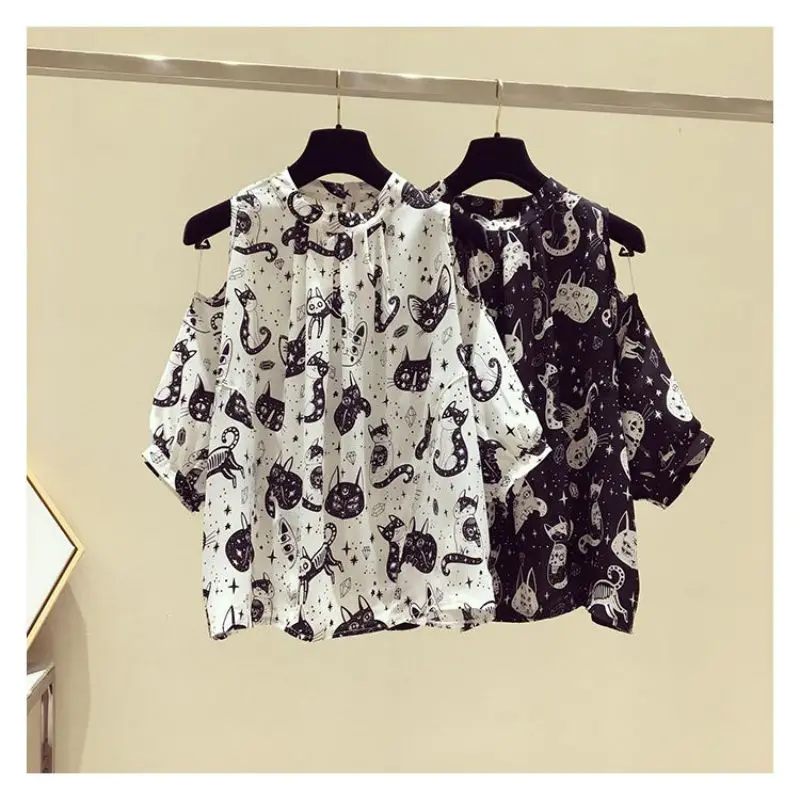 Cat Cartoon Print Chiffon Vintage O-Neck Short Sleeve Loose Women's Blouse Shirt Korean Fashion Female Clothing Tops 2024 Summer