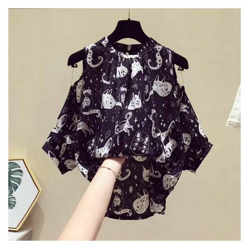Cat Cartoon Print Chiffon Vintage O-Neck Short Sleeve Loose Women's Blouse Shirt Korean Fashion Female Clothing Tops 2024 Summer