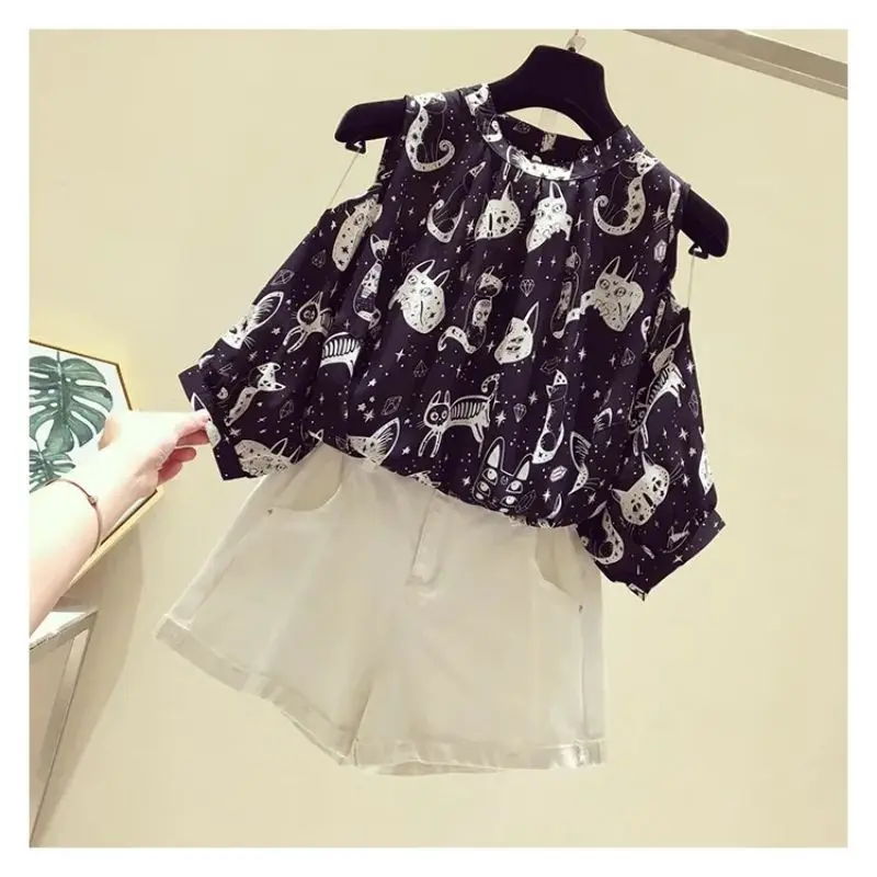 Cat Cartoon Print Chiffon Vintage O-Neck Short Sleeve Loose Women's Blouse Shirt Korean Fashion Female Clothing Tops 2024 Summer
