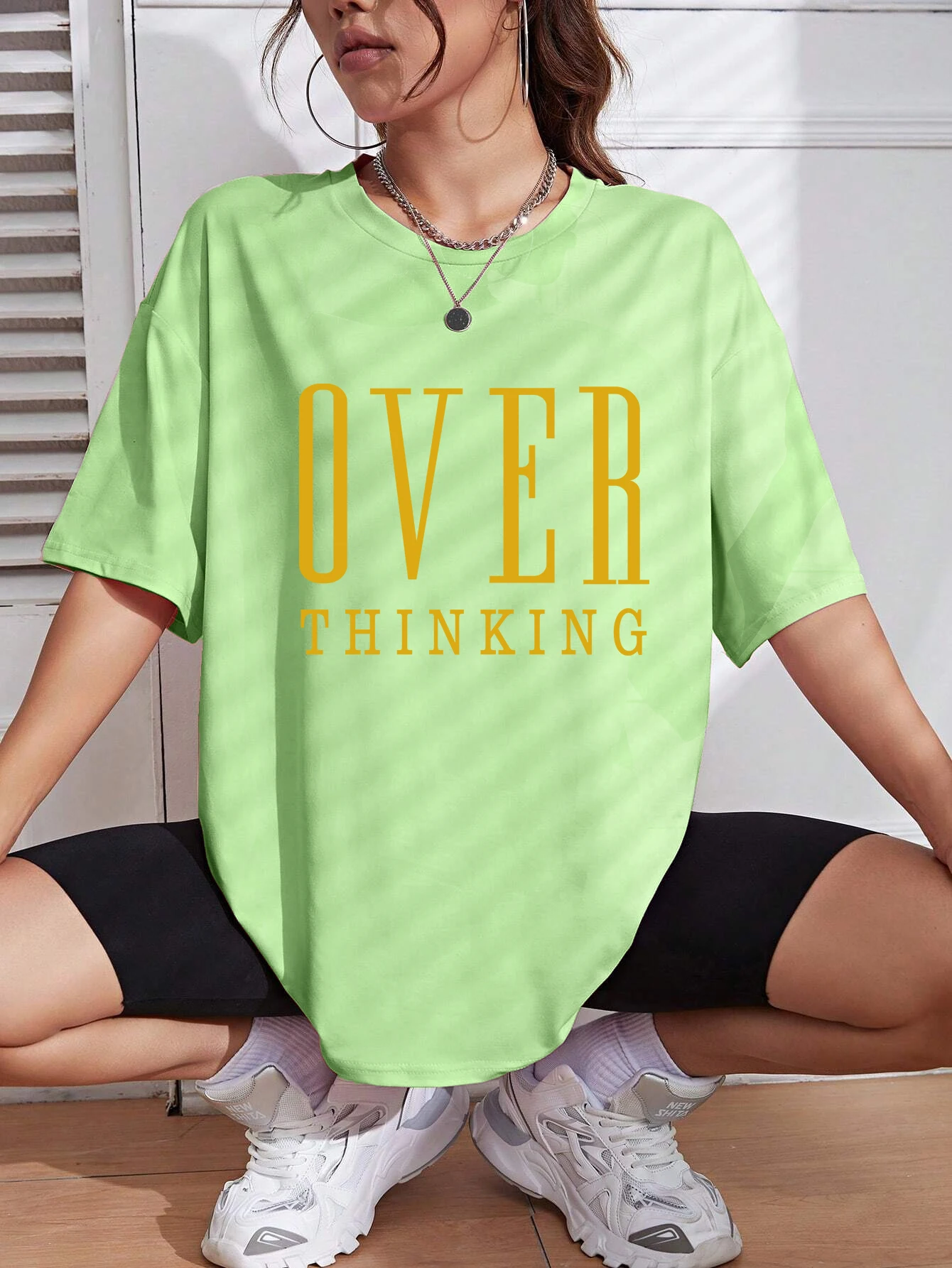 Over Thinking Letter Print Women Cotton Short Sleeve Breathable Vintage O-Neck Tops All-math Casual T-Shirts Female Tee Clothing