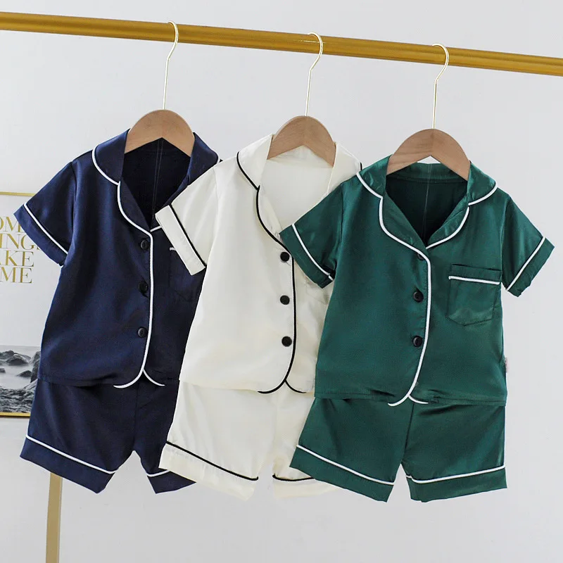 Boys Girls Ice silk satin Cartoon printing Tops Pants Set home Wear Children's pajamas set Baby suit Kids Clothes Toddler