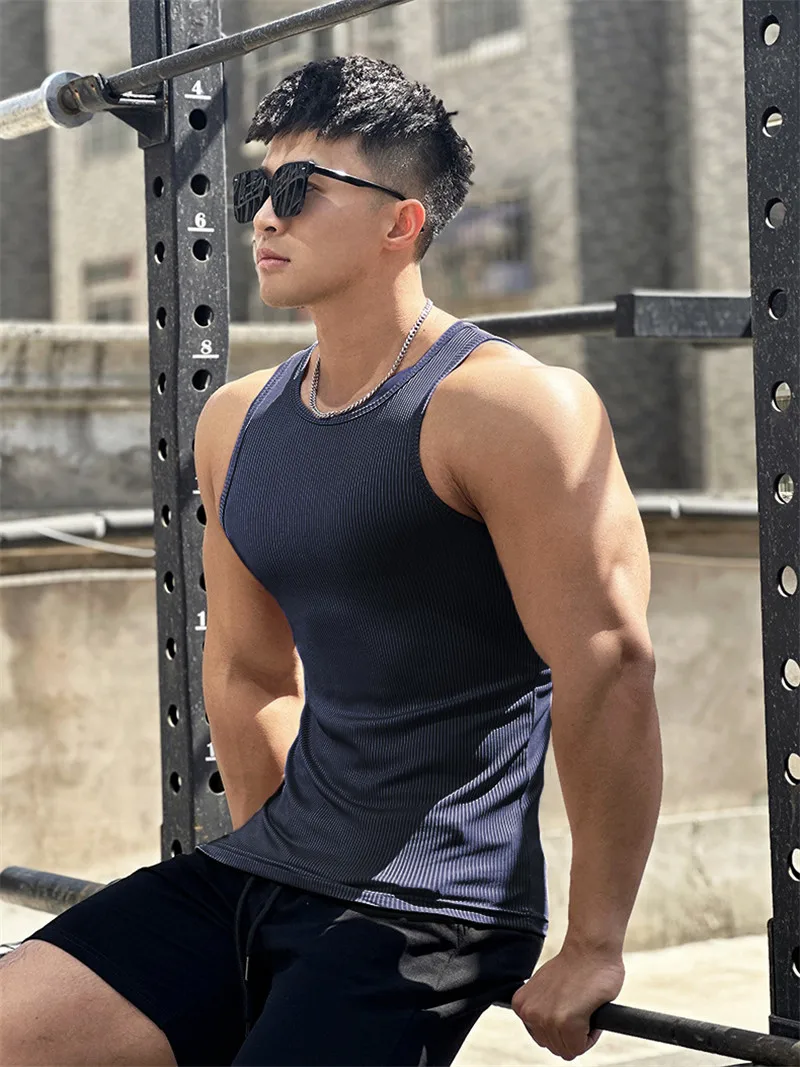 Men's Vest Elasticity Stripe Round Neck Oversized Sleeveless T-Shirt Gym Sports Fitness Running Training Bodybuilding Tank Top