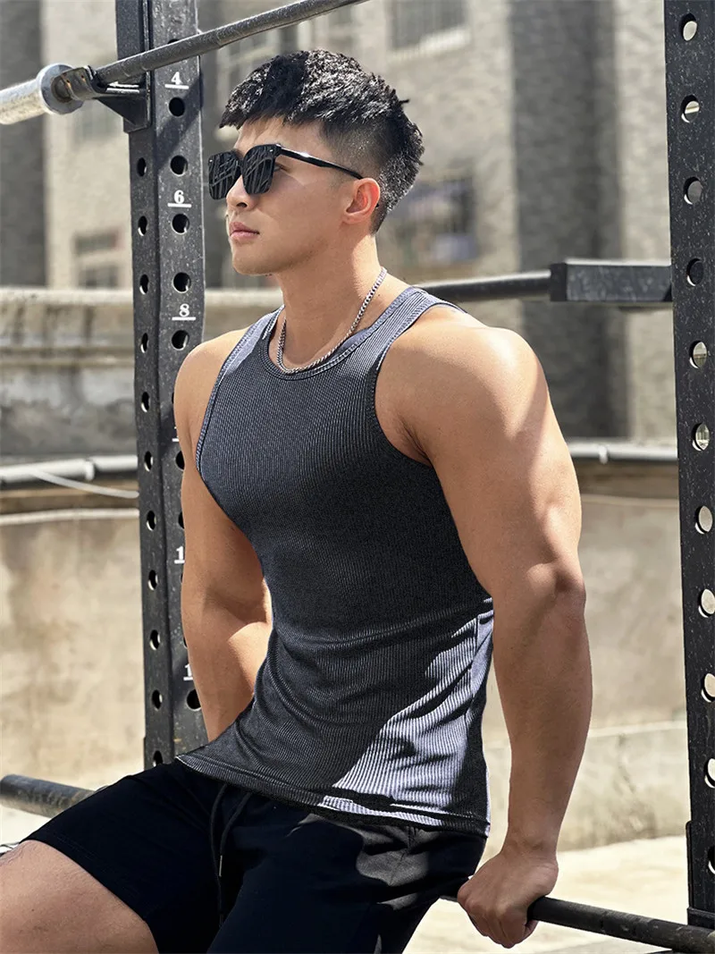 Men's Vest Elasticity Stripe Round Neck Oversized Sleeveless T-Shirt Gym Sports Fitness Running Training Bodybuilding Tank Top