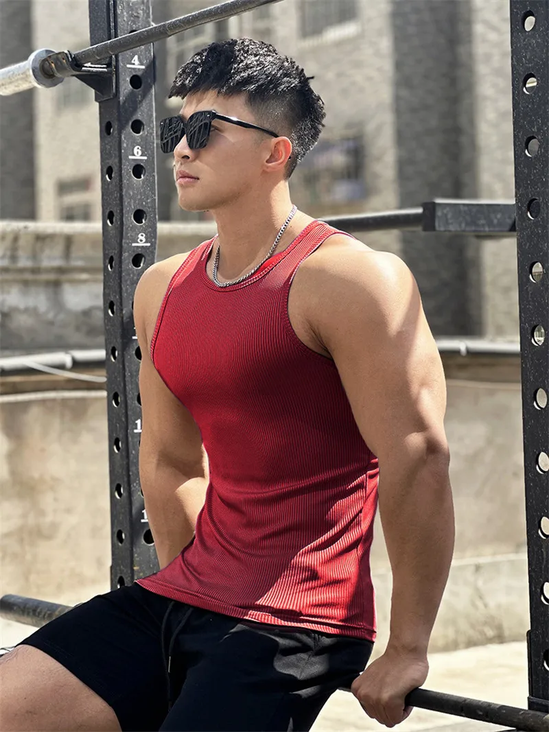 Men's Vest Elasticity Stripe Round Neck Oversized Sleeveless T-Shirt Gym Sports Fitness Running Training Bodybuilding Tank Top
