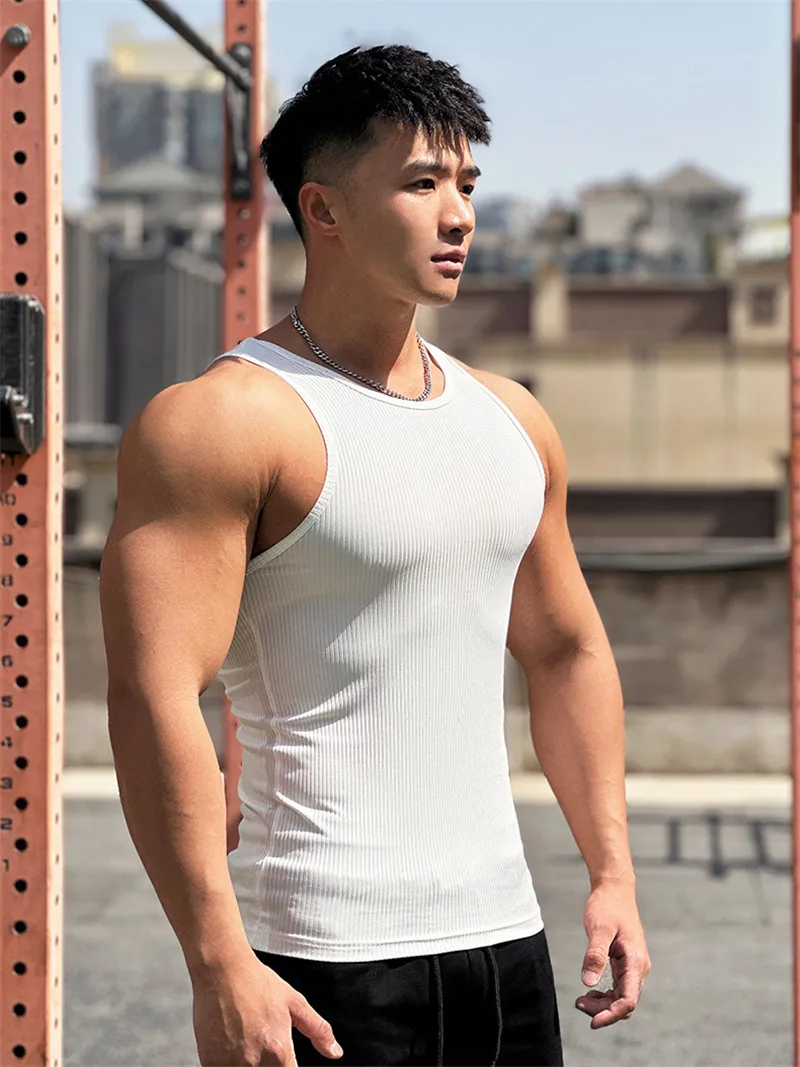 Men's Vest Elasticity Stripe Round Neck Oversized Sleeveless T-Shirt Gym Sports Fitness Running Training Bodybuilding Tank Top
