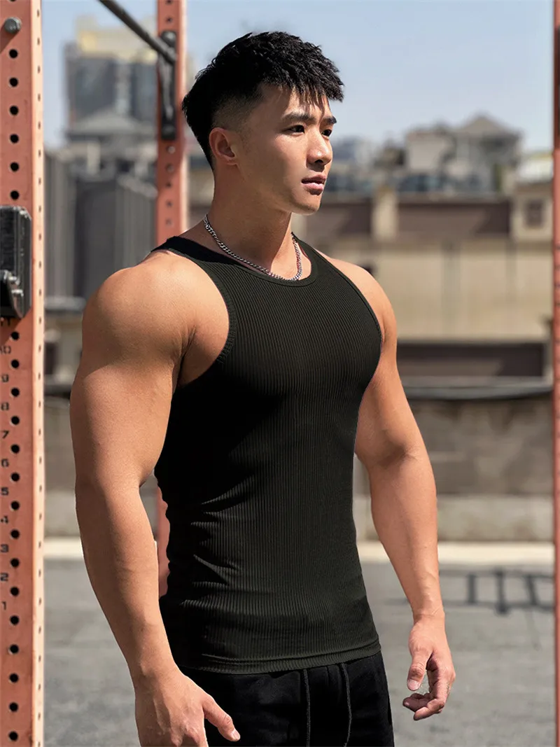 Men's Vest Elasticity Stripe Round Neck Oversized Sleeveless T-Shirt Gym Sports Fitness Running Training Bodybuilding Tank Top
