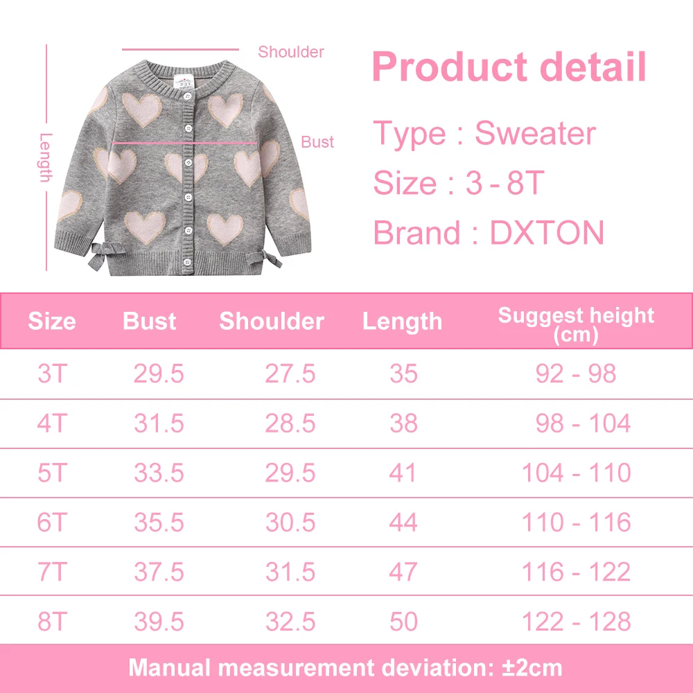DXTON Autumn Winter Girls Sweaters Kids Long Sleeve Heart Shape Knitted Cardigans Sweaters Girls Coat Jacket Children Outerwear