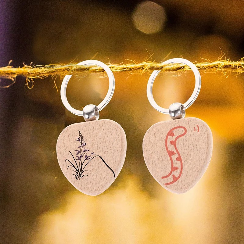 50Pcs Natural Wooden Key Ring Heart Anti Lost Wood Keychains