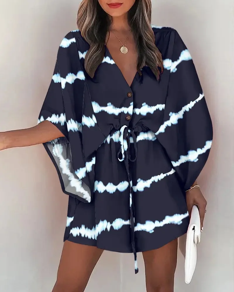 Women Print Dress Sexy V-Neck Bat Sleeve Ruffl Flowers Print Bohemian Beach Sundress Ladies Loose Summer Vacation Mini Dresses