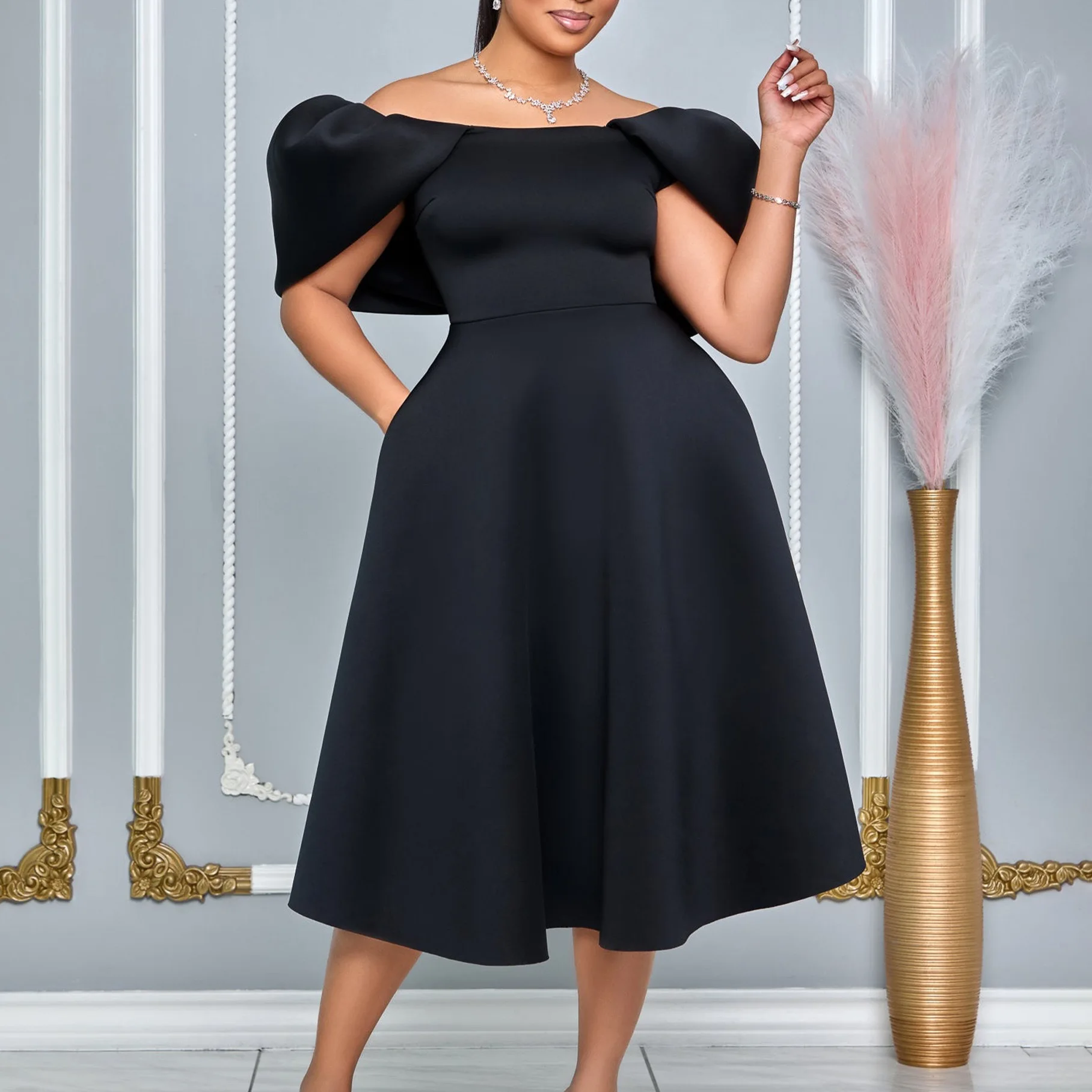 Elegant Dresses Woman 2024 Wedding Party Off the Shoulder Puff Sleeve A Line Pleated Mid Calf Luxury Birthday Night Vestidos Hot