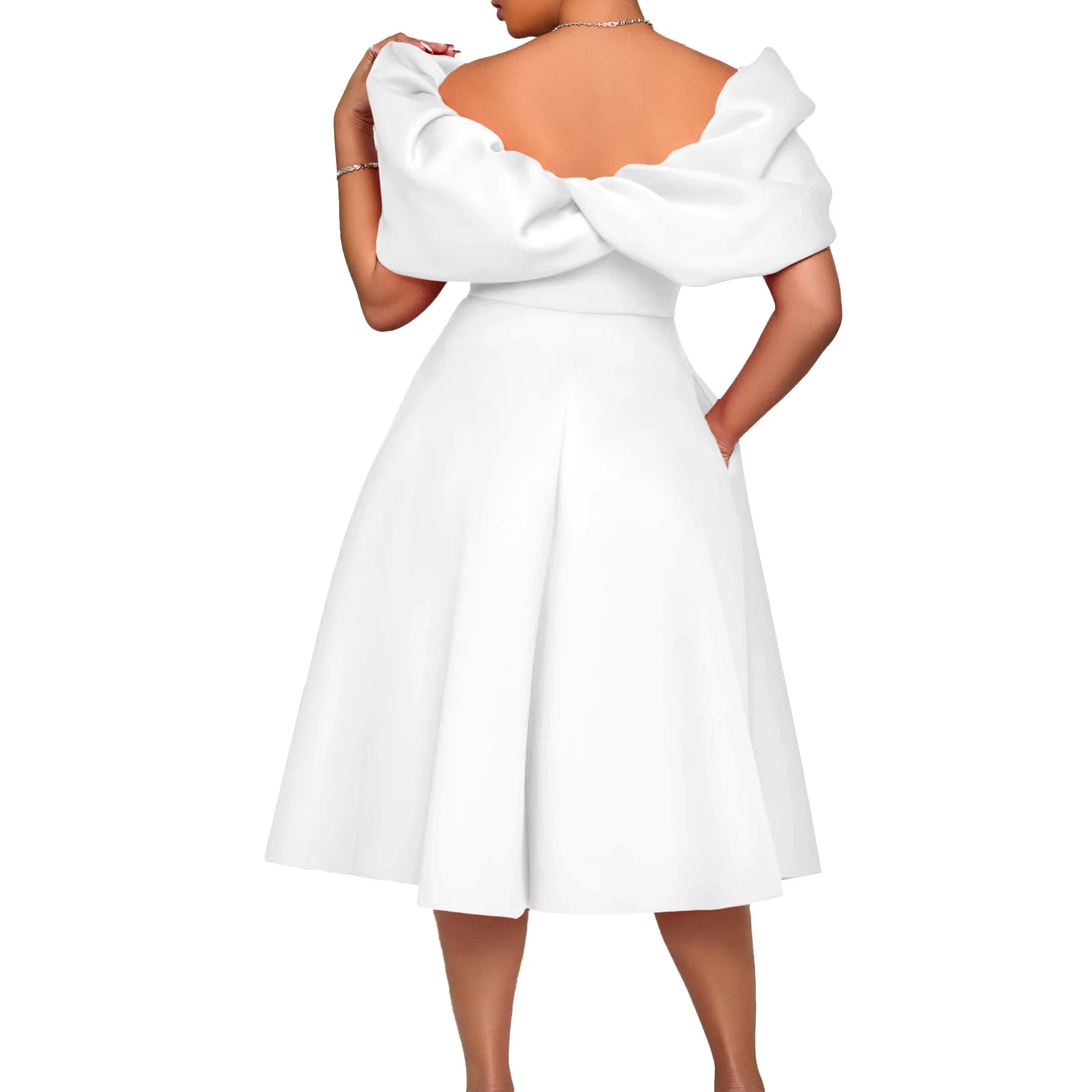 Elegant Dresses Woman 2024 Wedding Party Off the Shoulder Puff Sleeve A Line Pleated Mid Calf Luxury Birthday Night Vestidos Hot