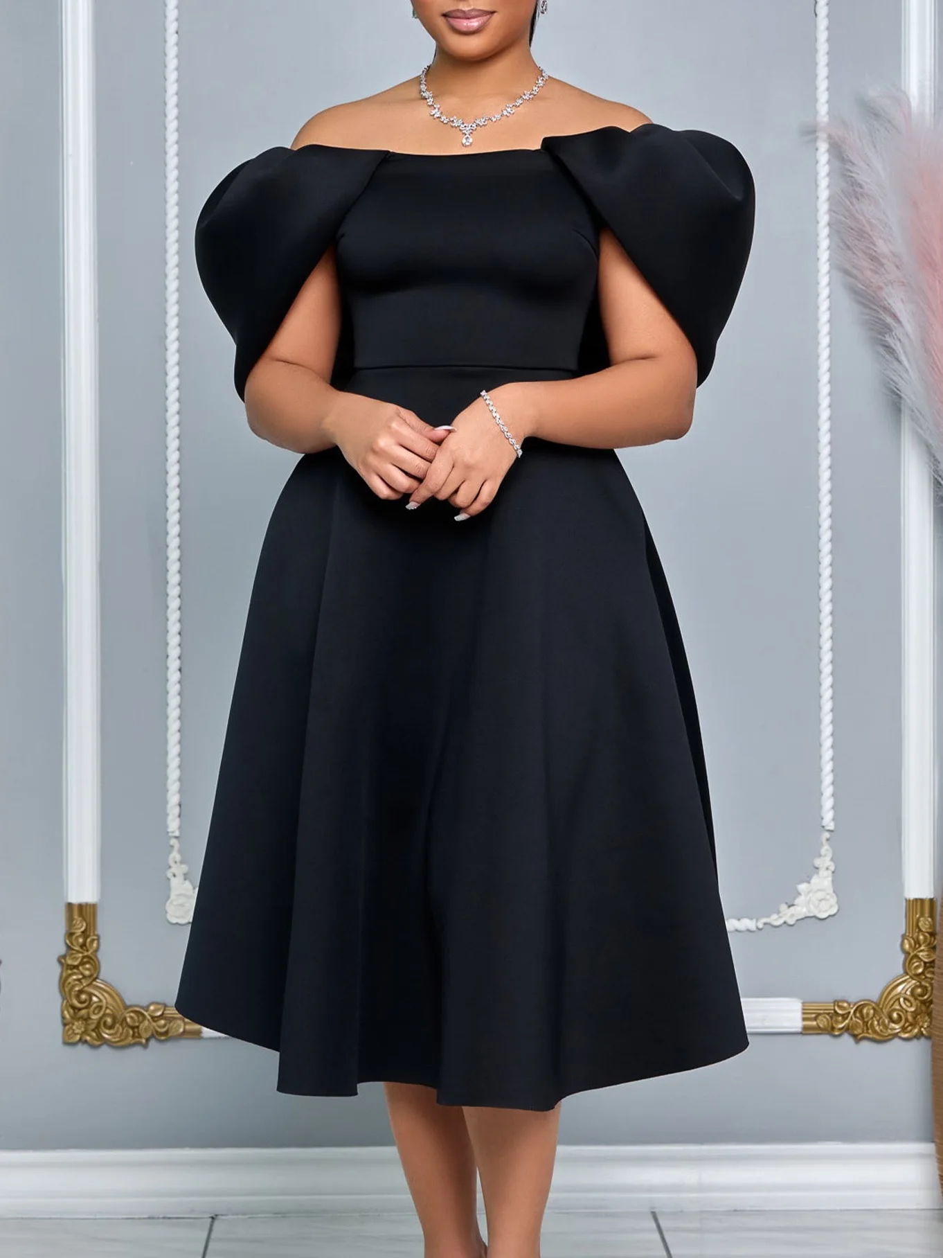 Elegant Dresses Woman 2024 Wedding Party Off the Shoulder Puff Sleeve A Line Pleated Mid Calf Luxury Birthday Night Vestidos Hot
