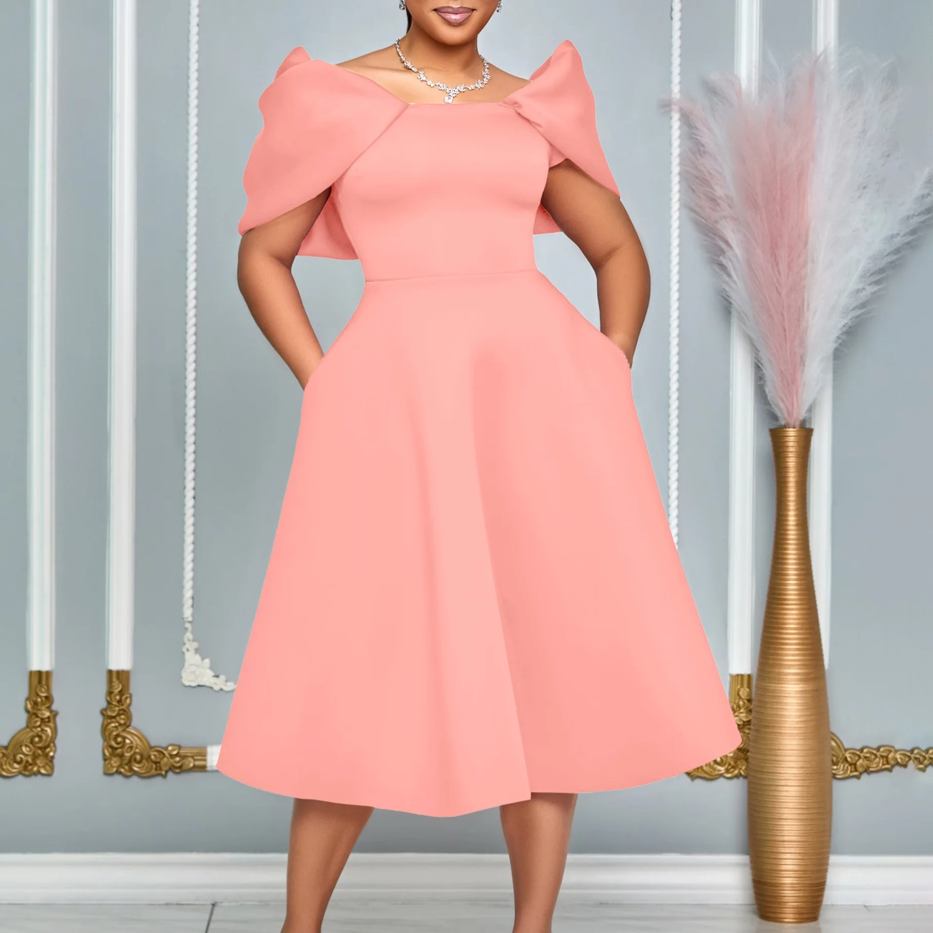 Elegant Dresses Woman 2024 Wedding Party Off the Shoulder Puff Sleeve A Line Pleated Mid Calf Luxury Birthday Night Vestidos Hot