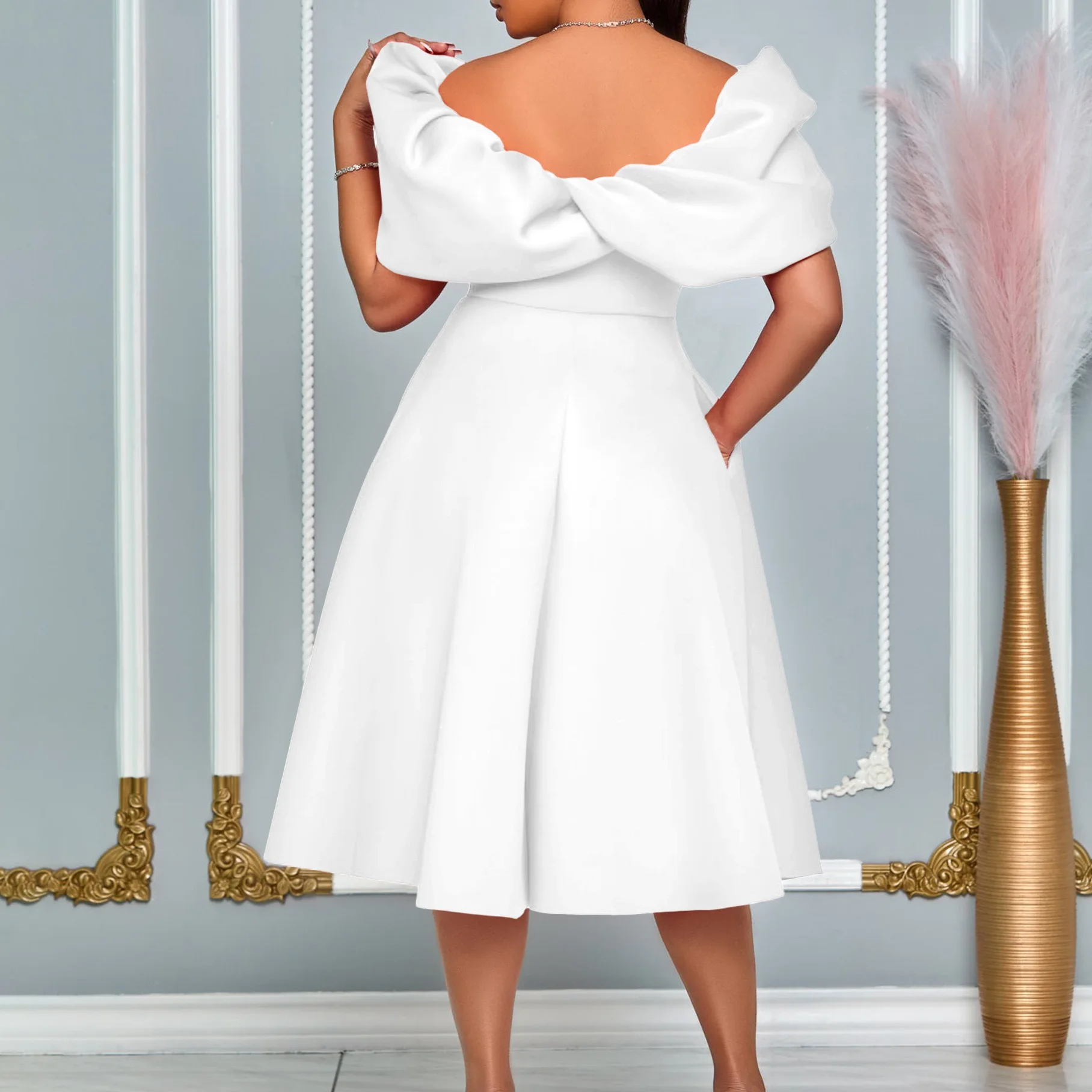 Elegant Dresses Woman 2024 Wedding Party Off the Shoulder Puff Sleeve A Line Pleated Mid Calf Luxury Birthday Night Vestidos Hot