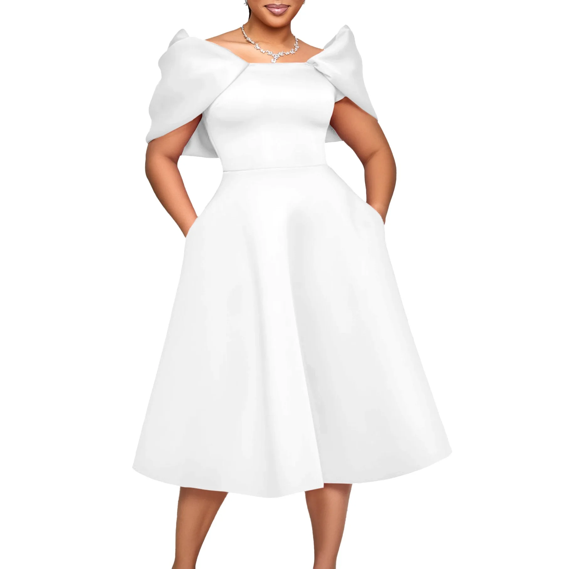 Elegant Dresses Woman 2024 Wedding Party Off the Shoulder Puff Sleeve A Line Pleated Mid Calf Luxury Birthday Night Vestidos Hot