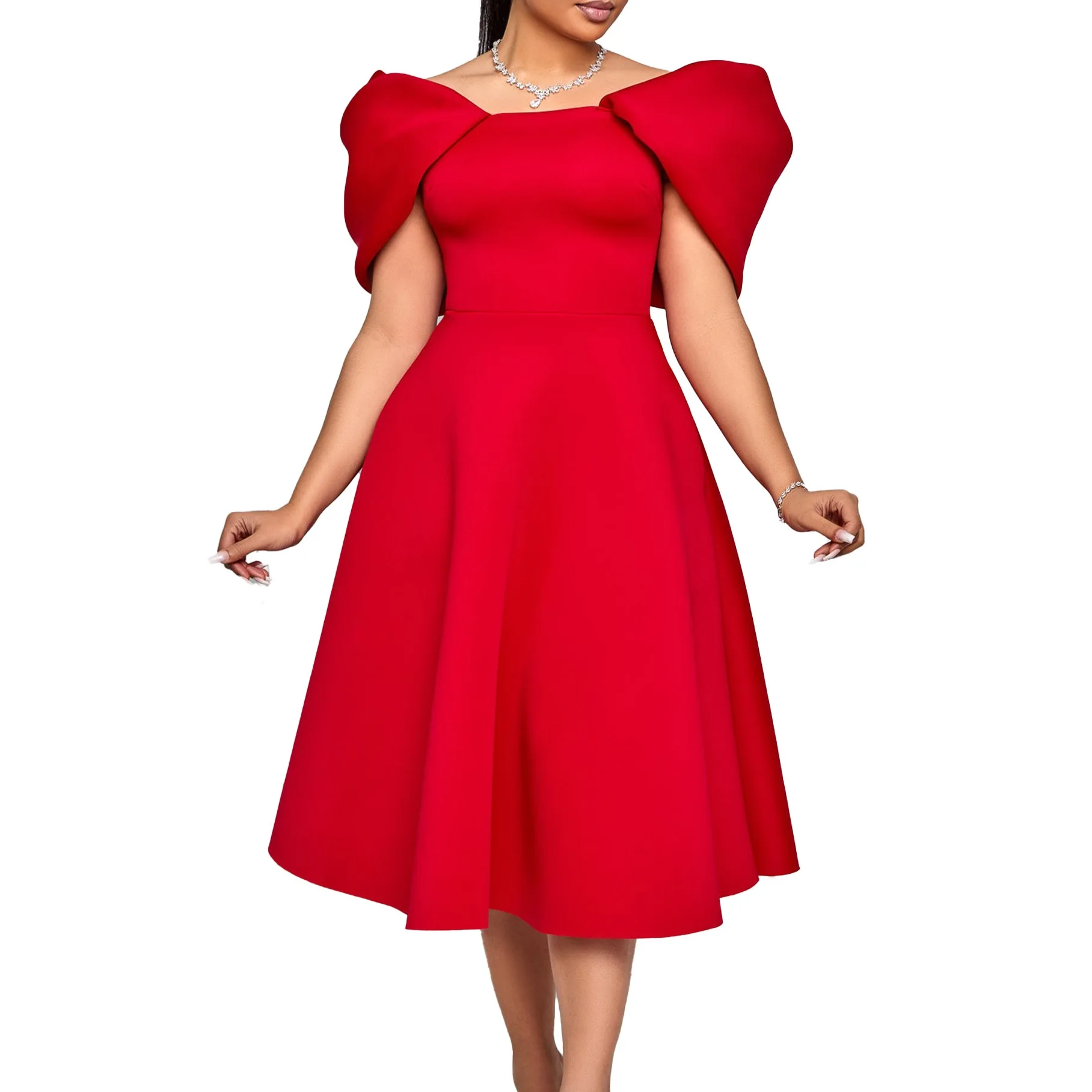 Elegant Dresses Woman 2024 Wedding Party Off the Shoulder Puff Sleeve A Line Pleated Mid Calf Luxury Birthday Night Vestidos Hot