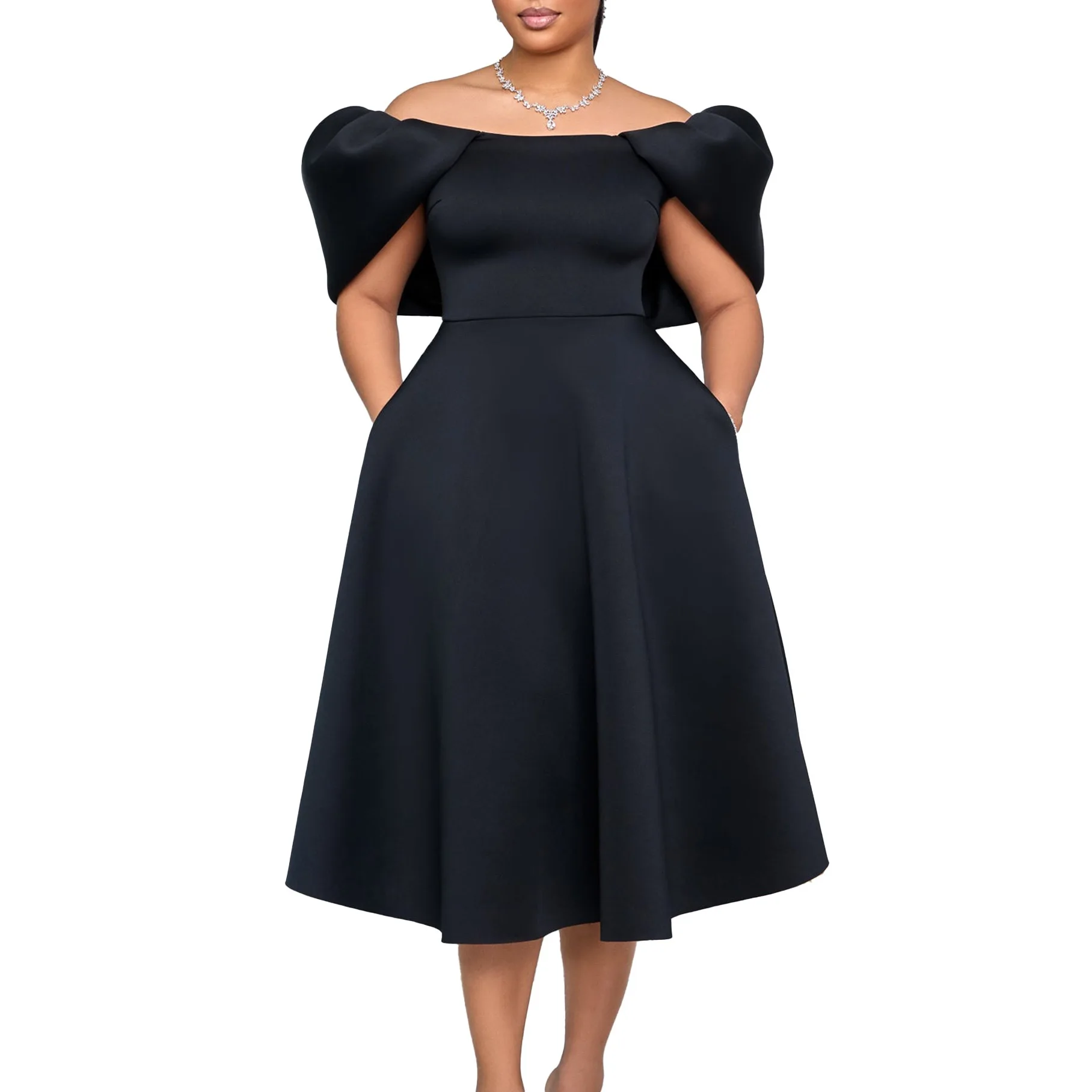 Elegant Dresses Woman 2024 Wedding Party Off the Shoulder Puff Sleeve A Line Pleated Mid Calf Luxury Birthday Night Vestidos Hot