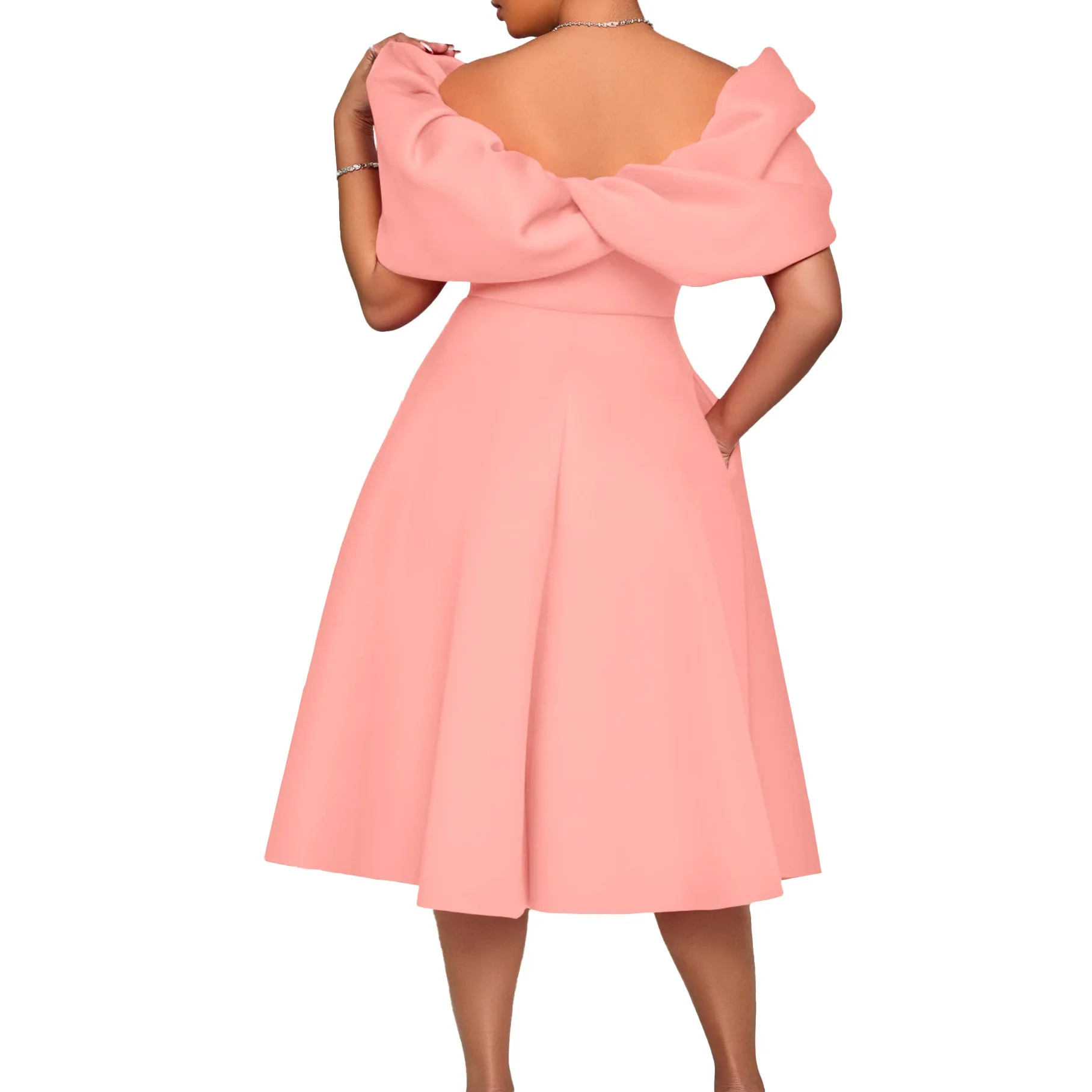 Elegant Dresses Woman 2024 Wedding Party Off the Shoulder Puff Sleeve A Line Pleated Mid Calf Luxury Birthday Night Vestidos Hot