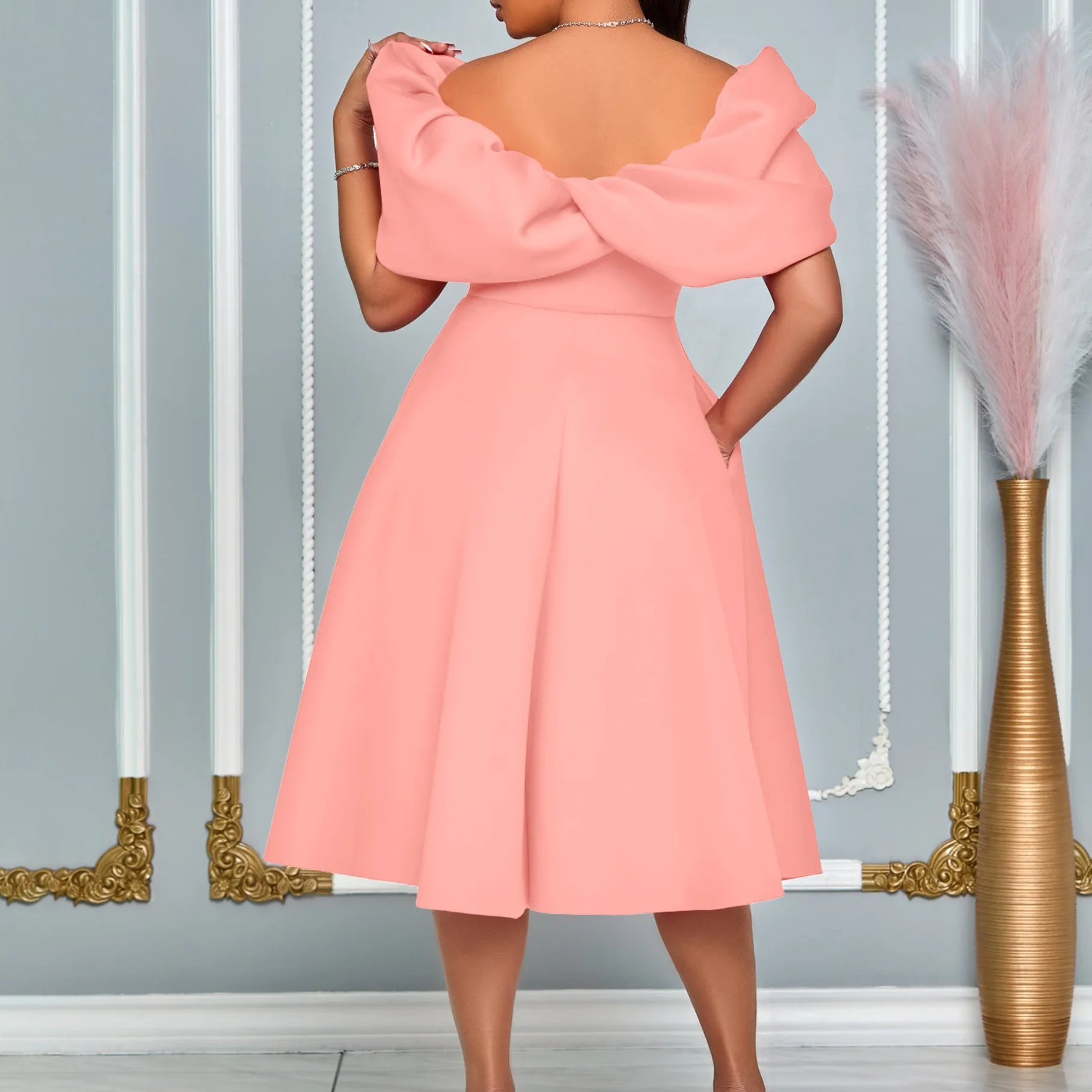 Elegant Dresses Woman 2024 Wedding Party Off the Shoulder Puff Sleeve A Line Pleated Mid Calf Luxury Birthday Night Vestidos Hot