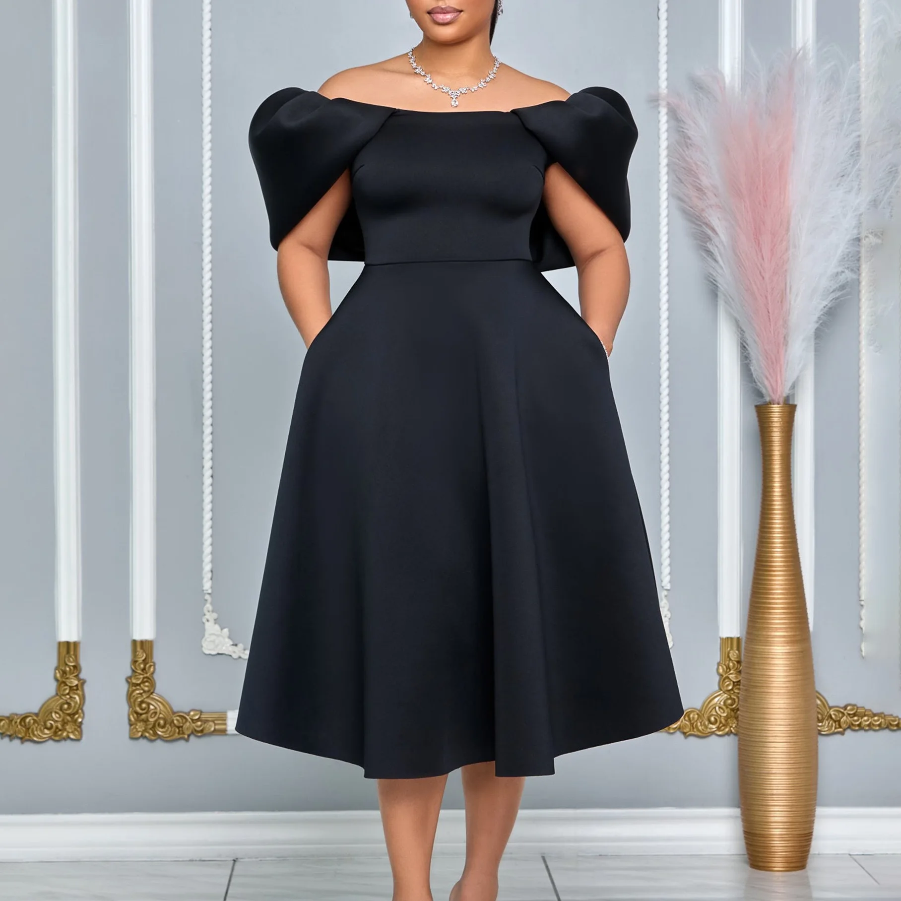 Elegant Dresses Woman 2024 Wedding Party Off the Shoulder Puff Sleeve A Line Pleated Mid Calf Luxury Birthday Night Vestidos Hot