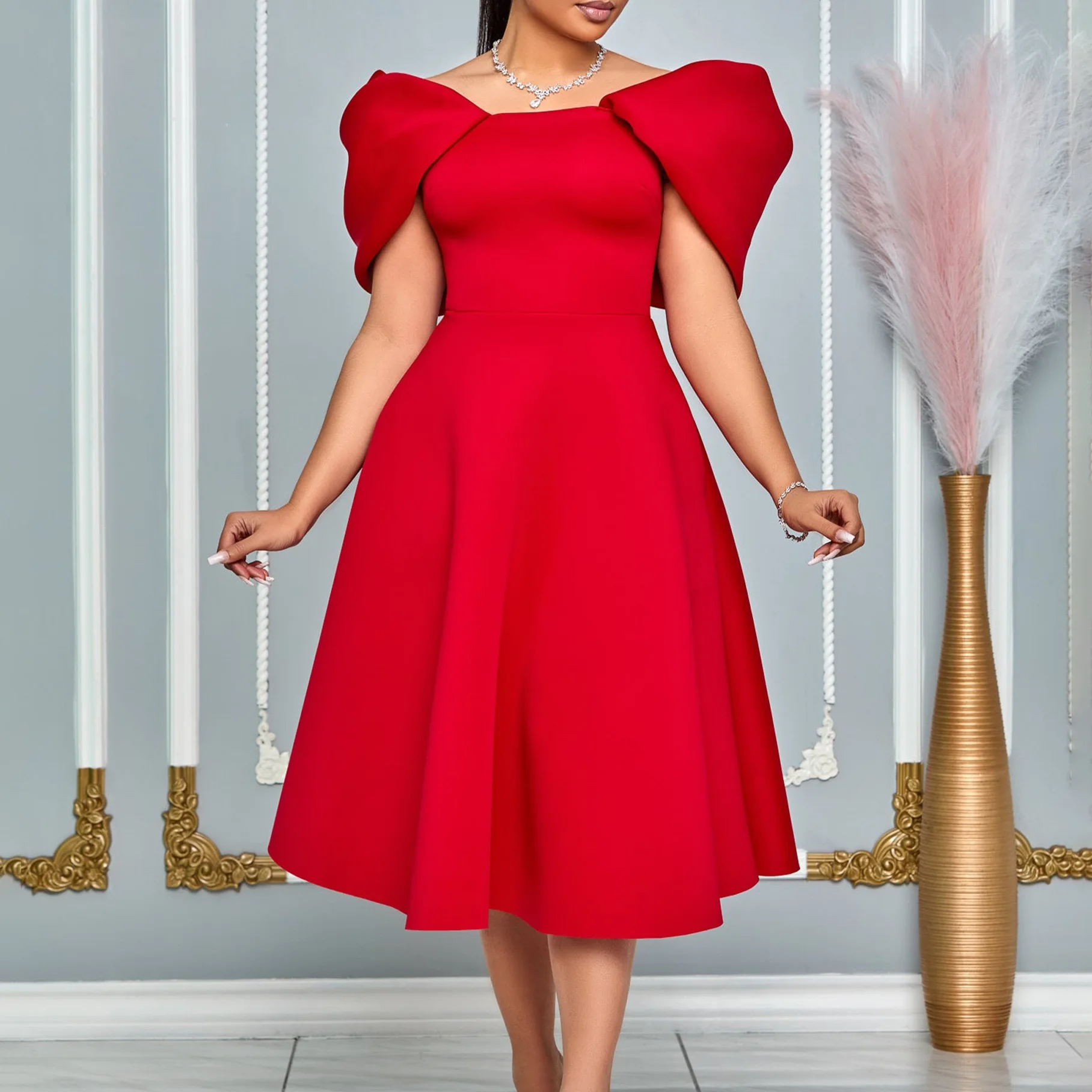 Elegant Dresses Woman 2024 Wedding Party Off the Shoulder Puff Sleeve A Line Pleated Mid Calf Luxury Birthday Night Vestidos Hot