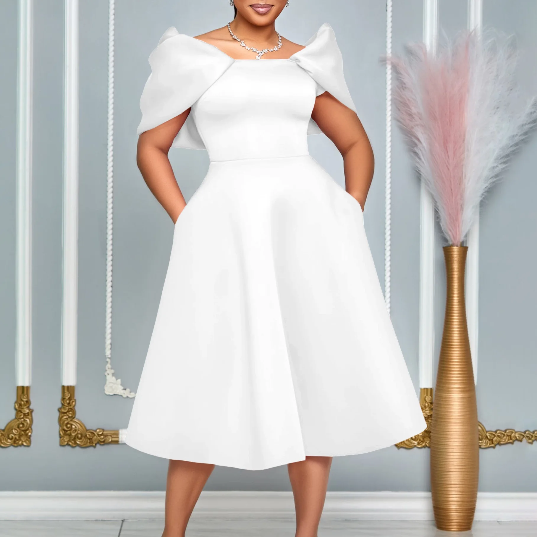 Elegant Dresses Woman 2024 Wedding Party Off the Shoulder Puff Sleeve A Line Pleated Mid Calf Luxury Birthday Night Vestidos Hot