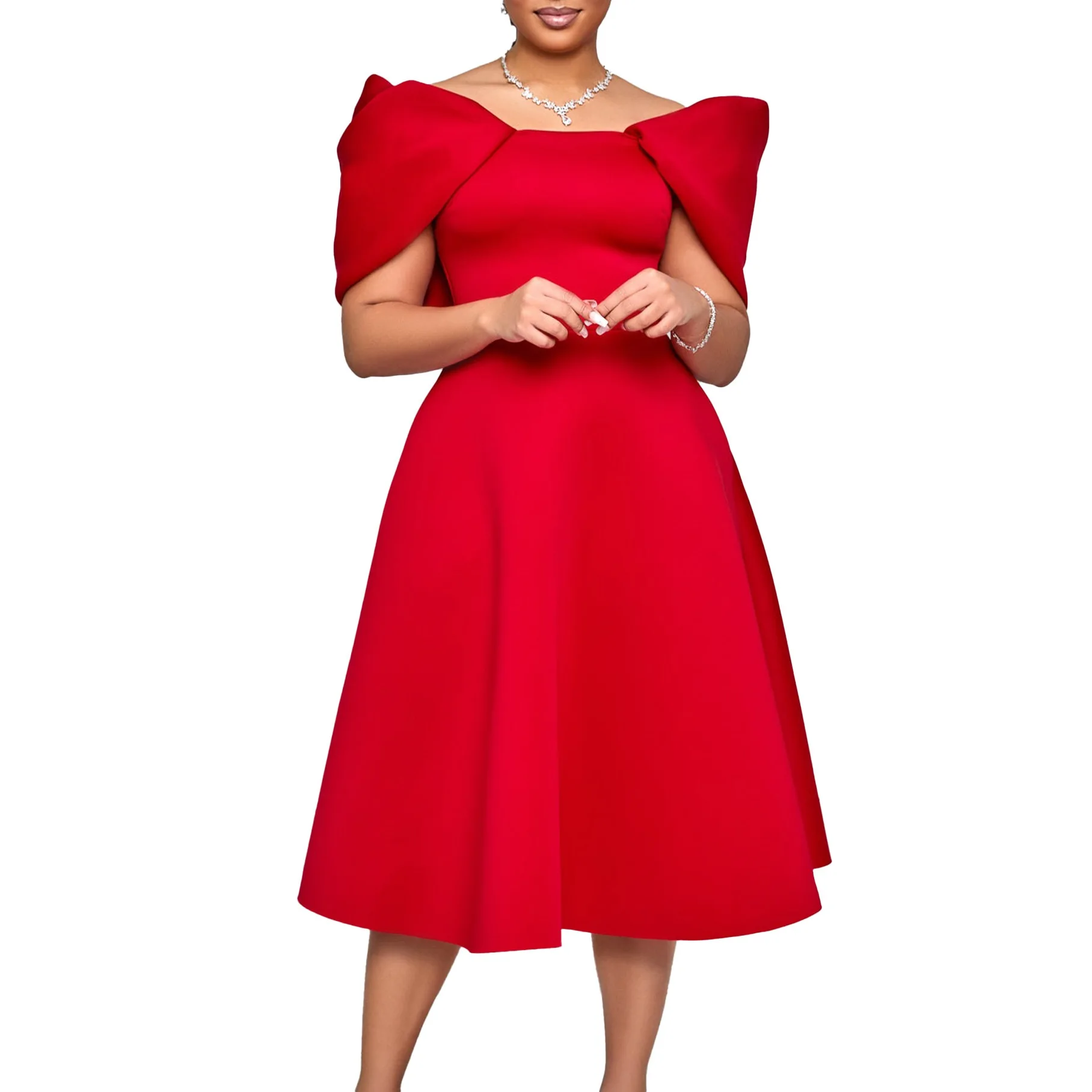 Elegant Dresses Woman 2024 Wedding Party Off the Shoulder Puff Sleeve A Line Pleated Mid Calf Luxury Birthday Night Vestidos Hot