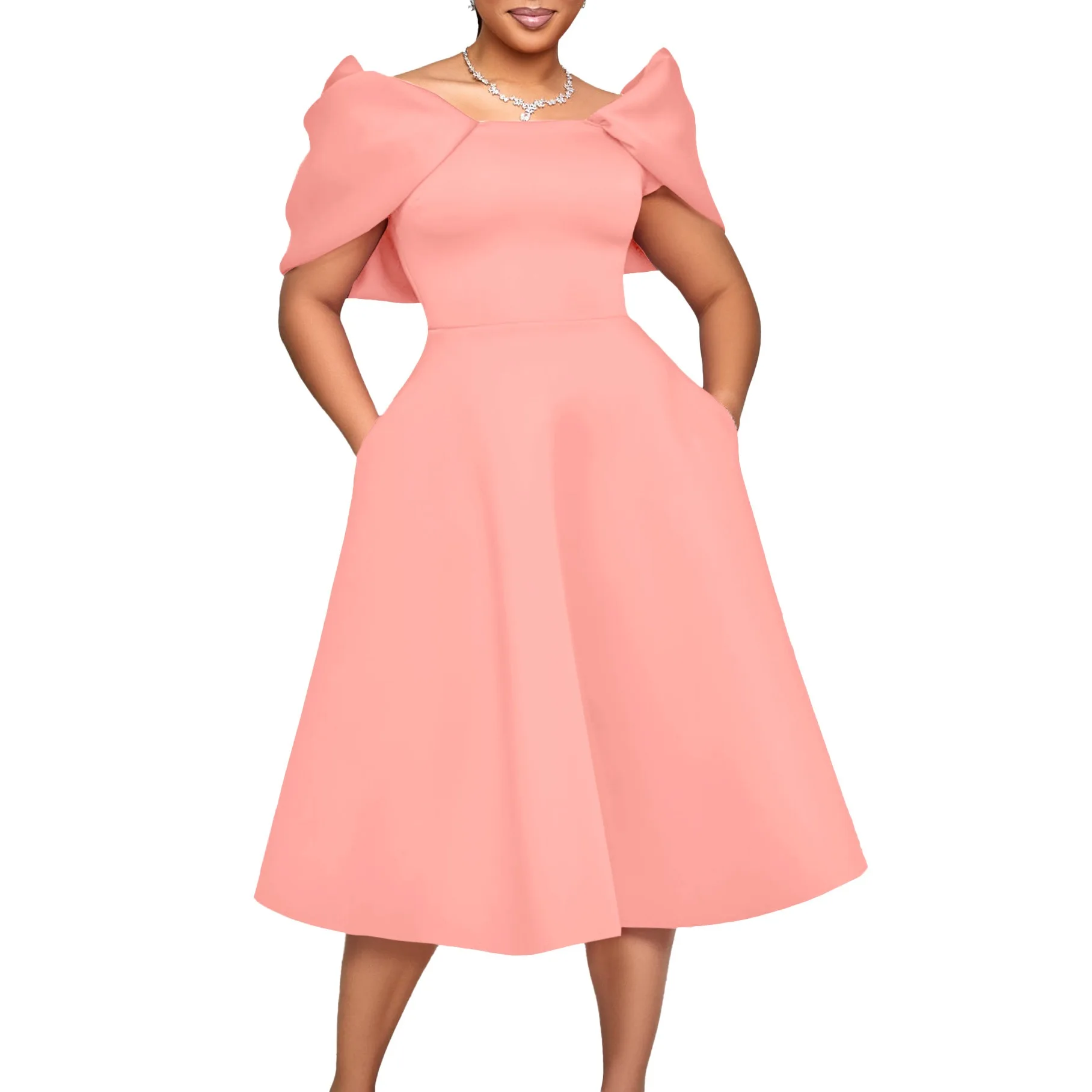 Elegant Dresses Woman 2024 Wedding Party Off the Shoulder Puff Sleeve A Line Pleated Mid Calf Luxury Birthday Night Vestidos Hot