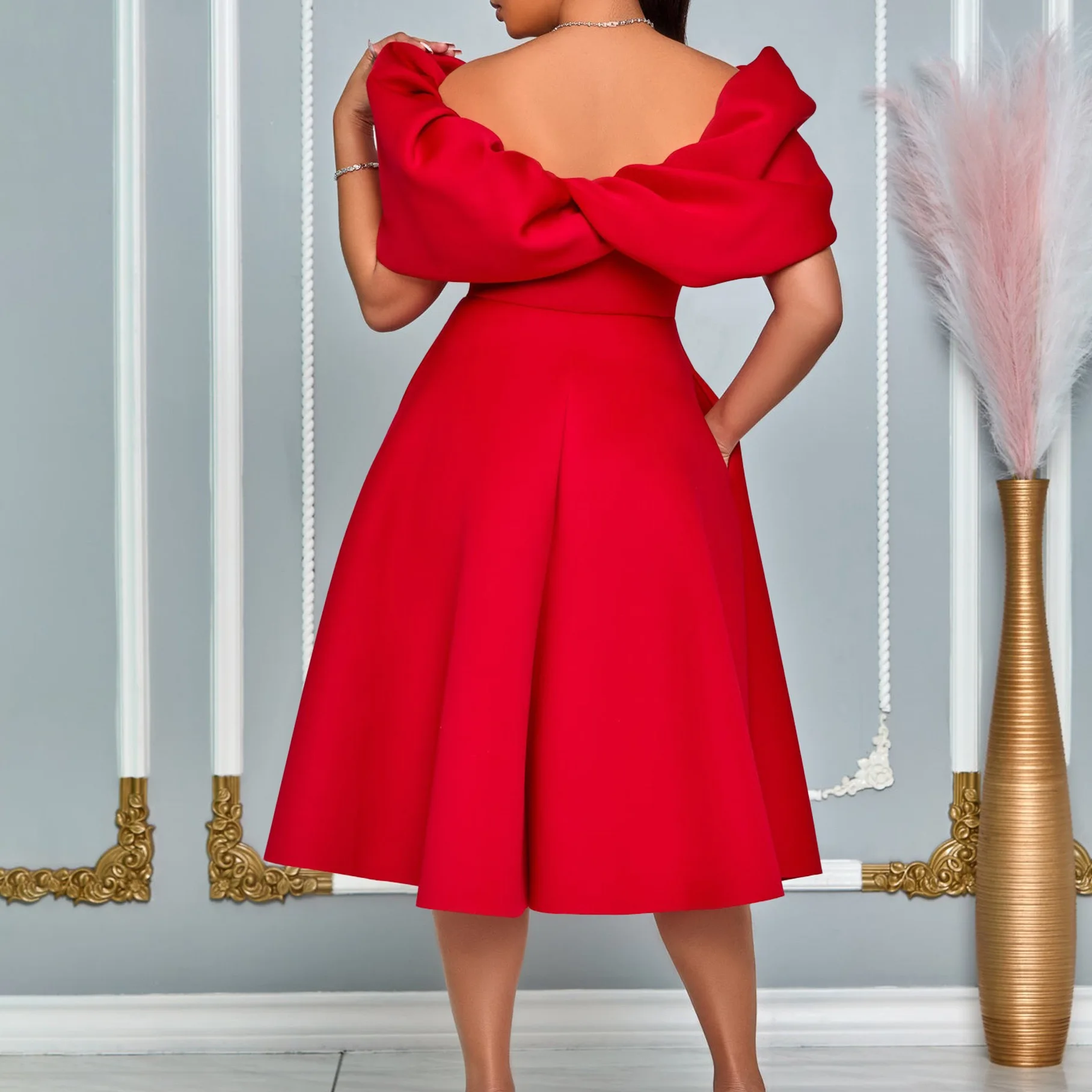 Elegant Dresses Woman 2024 Wedding Party Off the Shoulder Puff Sleeve A Line Pleated Mid Calf Luxury Birthday Night Vestidos Hot