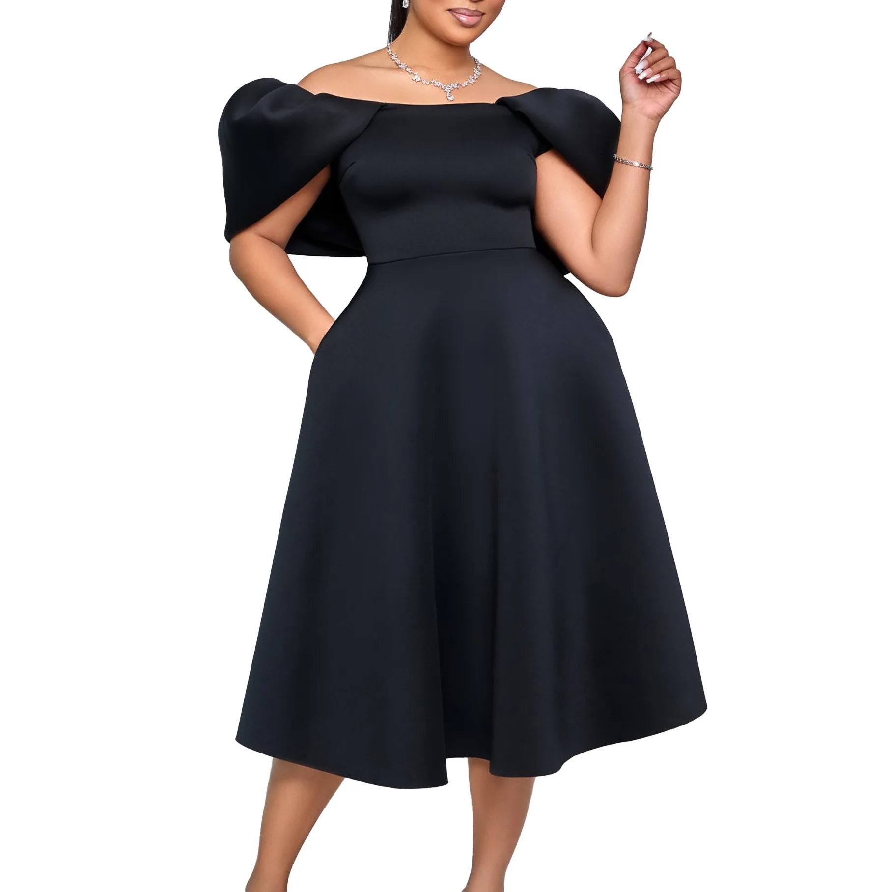 Elegant Dresses Woman 2024 Wedding Party Off the Shoulder Puff Sleeve A Line Pleated Mid Calf Luxury Birthday Night Vestidos Hot