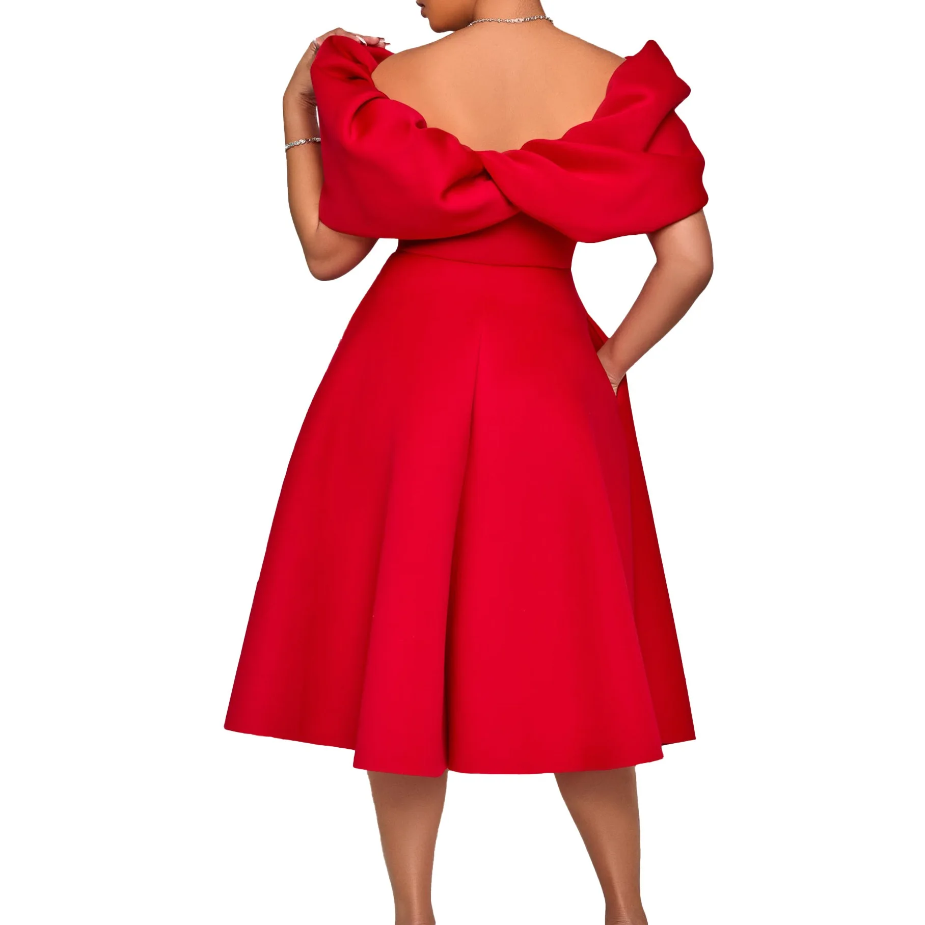 Elegant Dresses Woman 2024 Wedding Party Off the Shoulder Puff Sleeve A Line Pleated Mid Calf Luxury Birthday Night Vestidos Hot