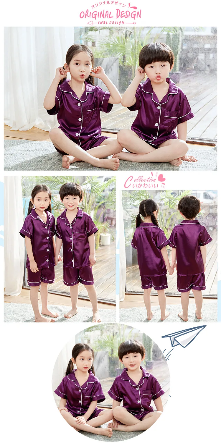 Summer Short Sleeve Satin Pajamas Silk Fabric Girls Sleepwear Boys Nightwear Solid Children's Pajama Sets Pyjamas Boy Baby Wear