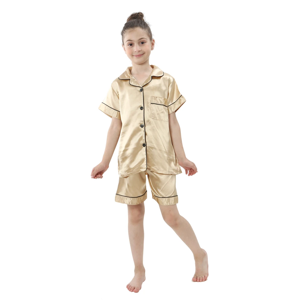 Summer Short Sleeve Satin Pajamas Silk Fabric Girls Sleepwear Boys Nightwear Solid Children's Pajama Sets Pyjamas Boy Baby Wear