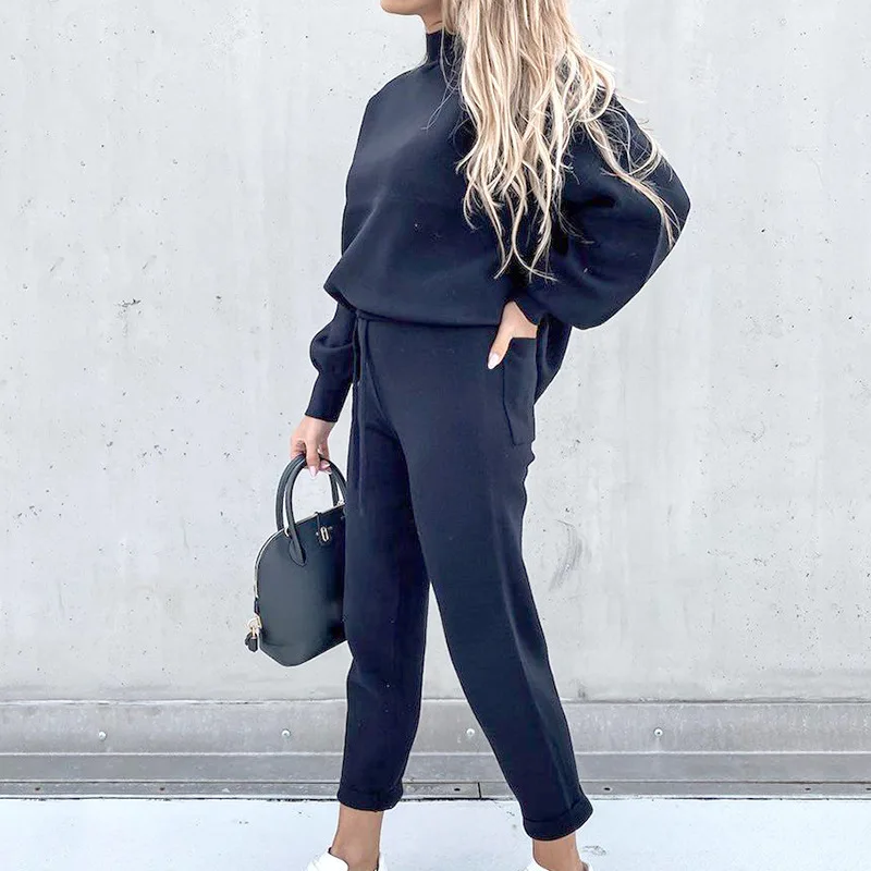2025 Autumn and Winter Women's Sweater High Collar Casual Pure Color Trousers Two-piece Set