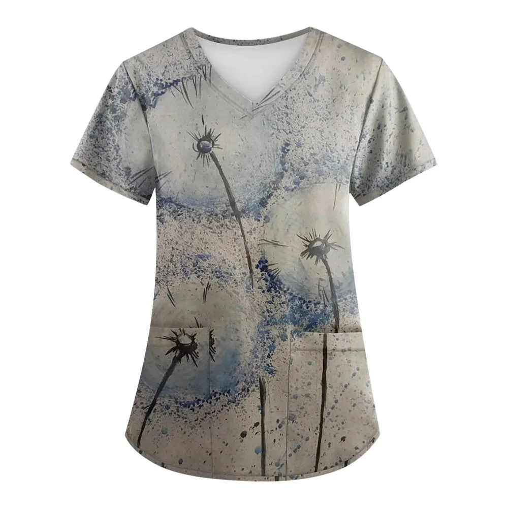 Dandelion Print Medical Uniforms Nursing Short Sleeve Tops V-Neck Patched Pocket Nursing Uniforms Women Working Clothes