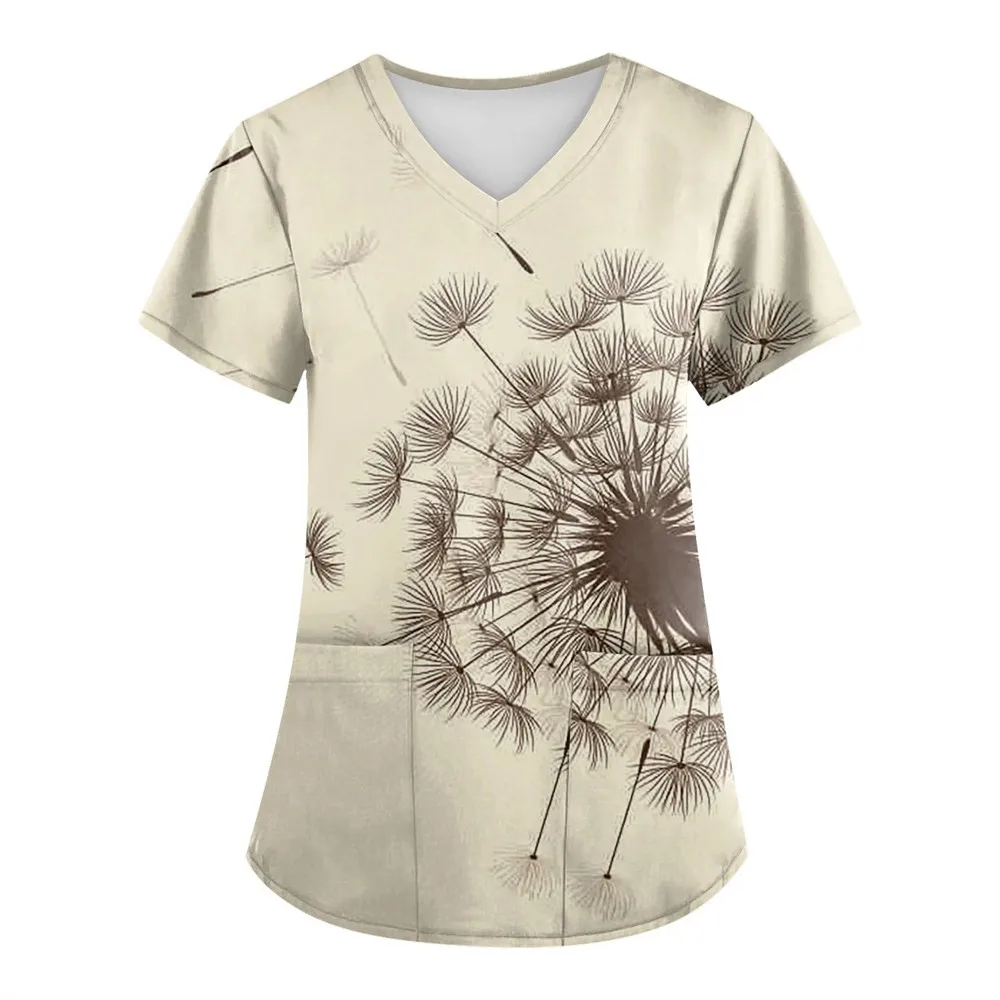 Dandelion Print Medical Uniforms Nursing Short Sleeve Tops V-Neck Patched Pocket Nursing Uniforms Women Working Clothes