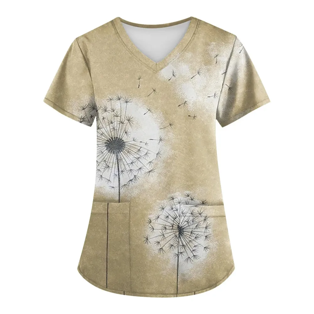 Dandelion Print Medical Uniforms Nursing Short Sleeve Tops V-Neck Patched Pocket Nursing Uniforms Women Working Clothes