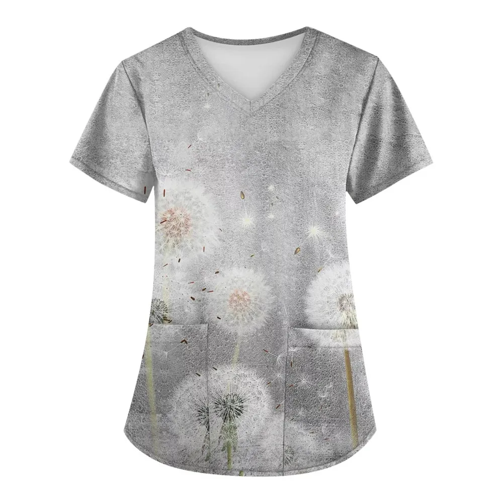 Dandelion Print Medical Uniforms Nursing Short Sleeve Tops V-Neck Patched Pocket Nursing Uniforms Women Working Clothes