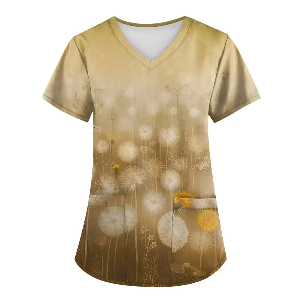 Dandelion Print Medical Uniforms Nursing Short Sleeve Tops V-Neck Patched Pocket Nursing Uniforms Women Working Clothes