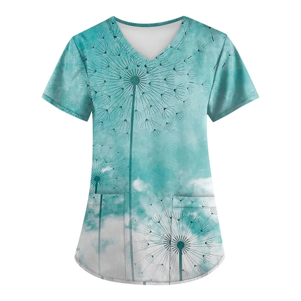 Dandelion Print Medical Uniforms Nursing Short Sleeve Tops V-Neck Patched Pocket Nursing Uniforms Women Working Clothes
