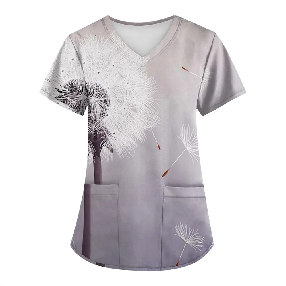 Dandelion Print Medical Uniforms Nursing Short Sleeve Tops V-Neck Patched Pocket Nursing Uniforms Women Working Clothes