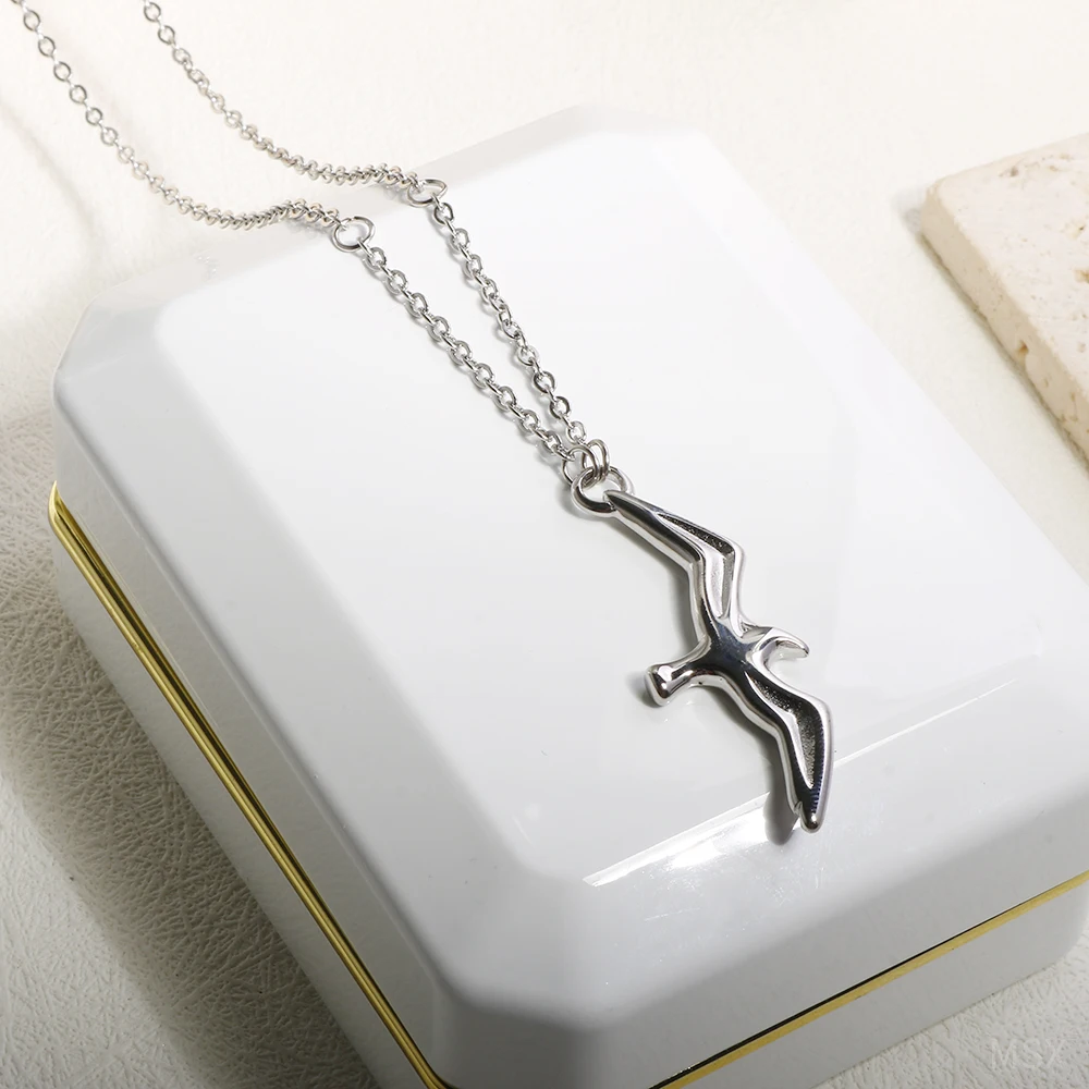 Trendy Stainless Steel T S Seagull Pendant Necklace Bird Charm Chain Necklace for Women Men Couple Jewelry