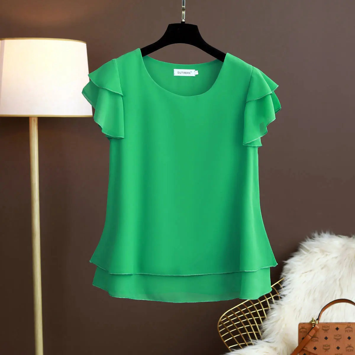 Fashion Brand Summer Oversized Loose and Thin Casual Blouse Top Short Sleeve Chiffon Top White Blouse Green Women’s Tops M-6XL