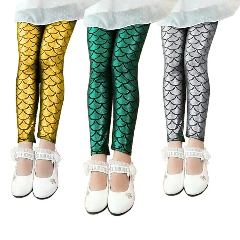 Summer Autumn Girls Leggings Mermaid Scale Printing Fall Girl Colorful Shiny Hot Pants Slim Trousers Kids Clothes 3-10Y