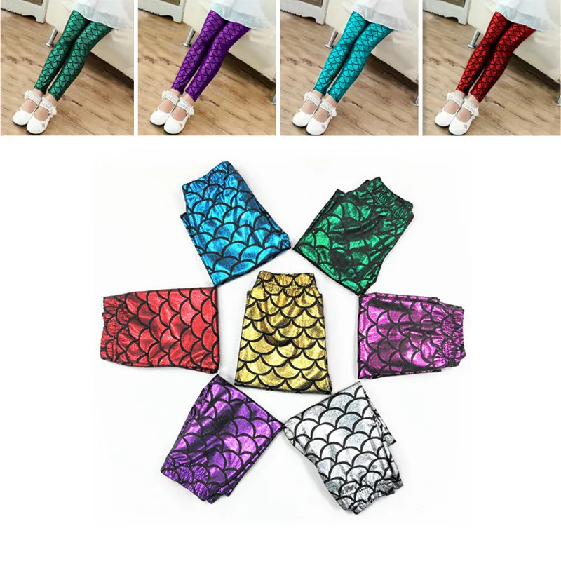 Summer Autumn Girls Leggings Mermaid Scale Printing Fall Girl Colorful Shiny Hot Pants Slim Trousers Kids Clothes 3-10Y