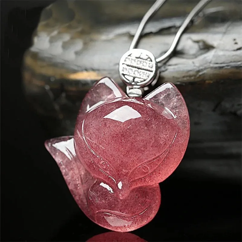 Natural Pink Crystal Strawberry Crystal Little Fox Fairy Women's Lucky Best Friend Pendant Necklace with Collar Chain