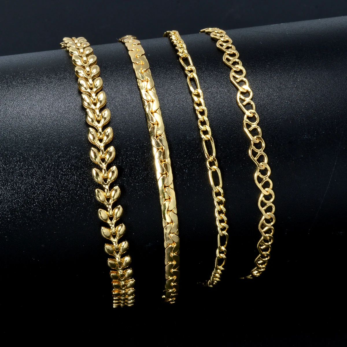 Fashion Jewelry Wholesale Custom DIY 4 Pieces/Set 14K Gold Plated Copper Wheat Chain Charm Bracelet for Women