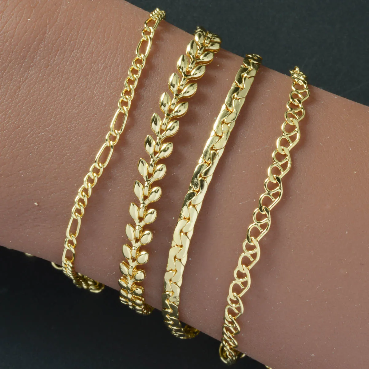 Fashion Jewelry Wholesale Custom DIY 4 Pieces/Set 14K Gold Plated Copper Wheat Chain Charm Bracelet for Women
